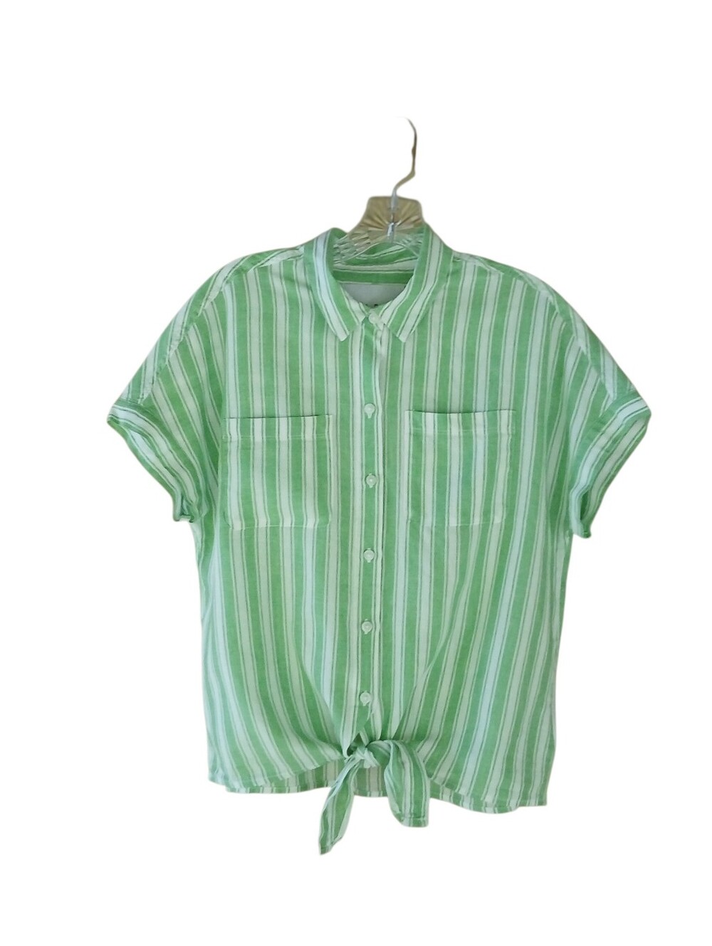 Lola River Green Striped Short Sleeved Tie Front Tencel & Linen Shirt Medium